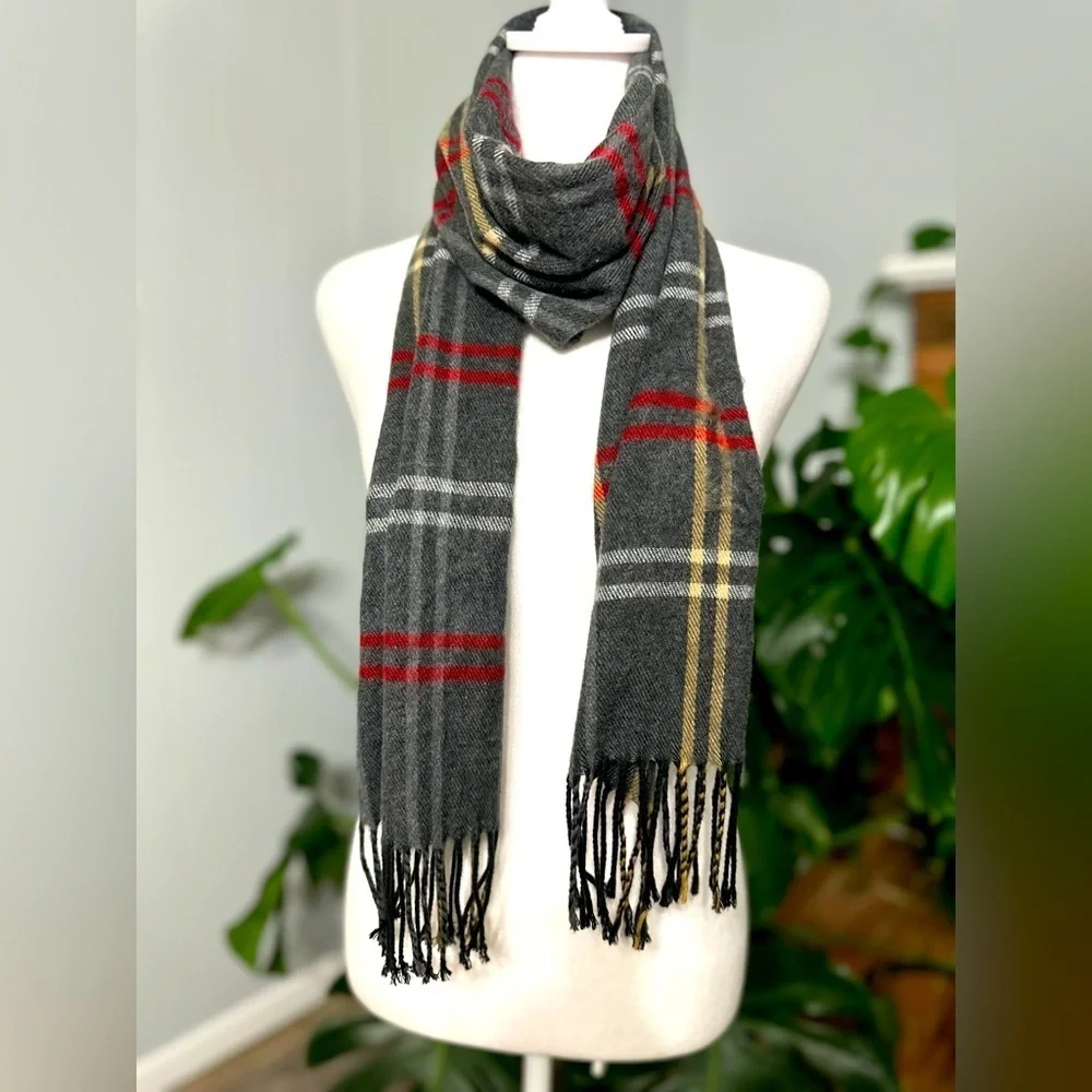 🧣 Unisex Cjon 100% Acrylic gray, red, white plaid scarf 64” long 21” wide